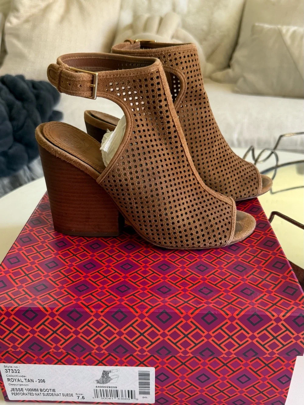 Tory Burch Brown Perforated Suede Peep-Toe Block Heel Booties